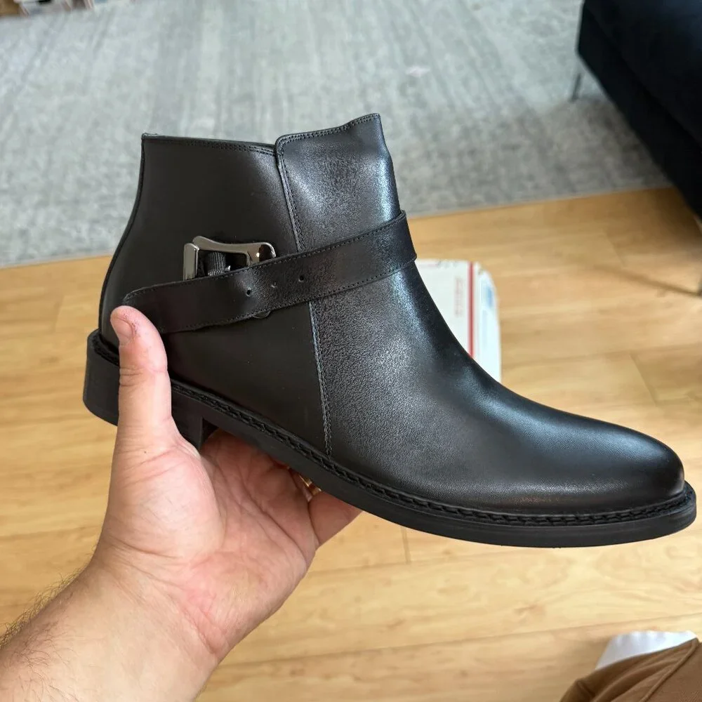 Santimon Men's US 7 - 10 Black Leather Chelsea Monk Strap Ankle Boots Zipper Buc